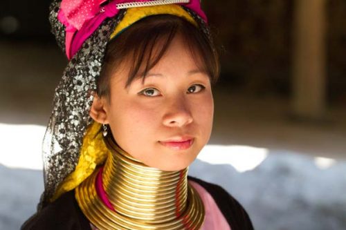 Padaung women extend their necks with brass rings